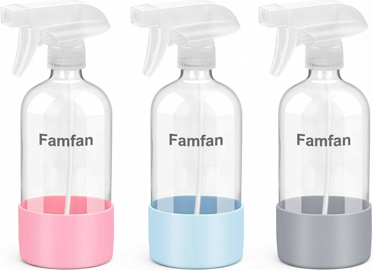 Glass Spray Bottles with Silicone Sleeve Protection, Empty 16 oz Refillable Containers