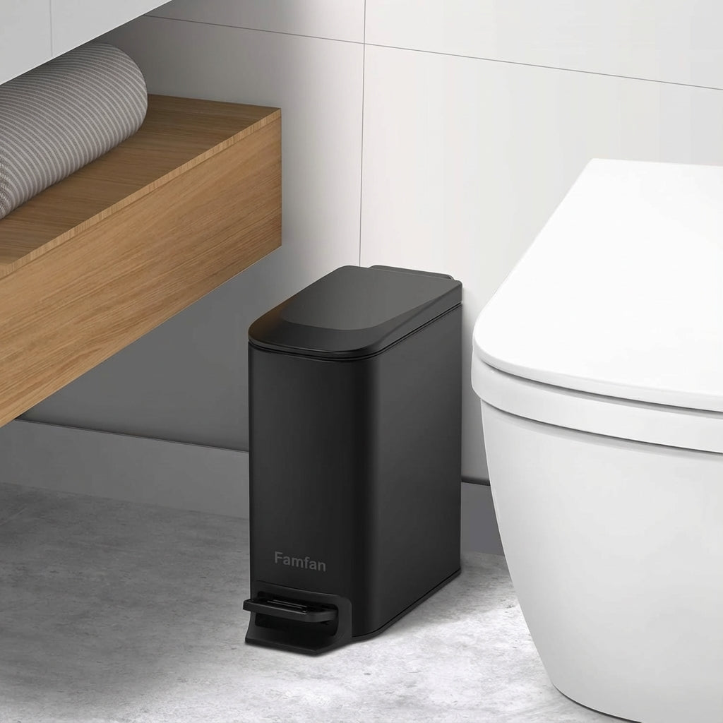 Slim Bathroom Trash Can with Lid Soft Close, Step Pedal, 6 Liter / 1.6 Gallon Stainless Steel Trash Bin, Small Garbage Cans for Bedroom, Office, Kitchen 