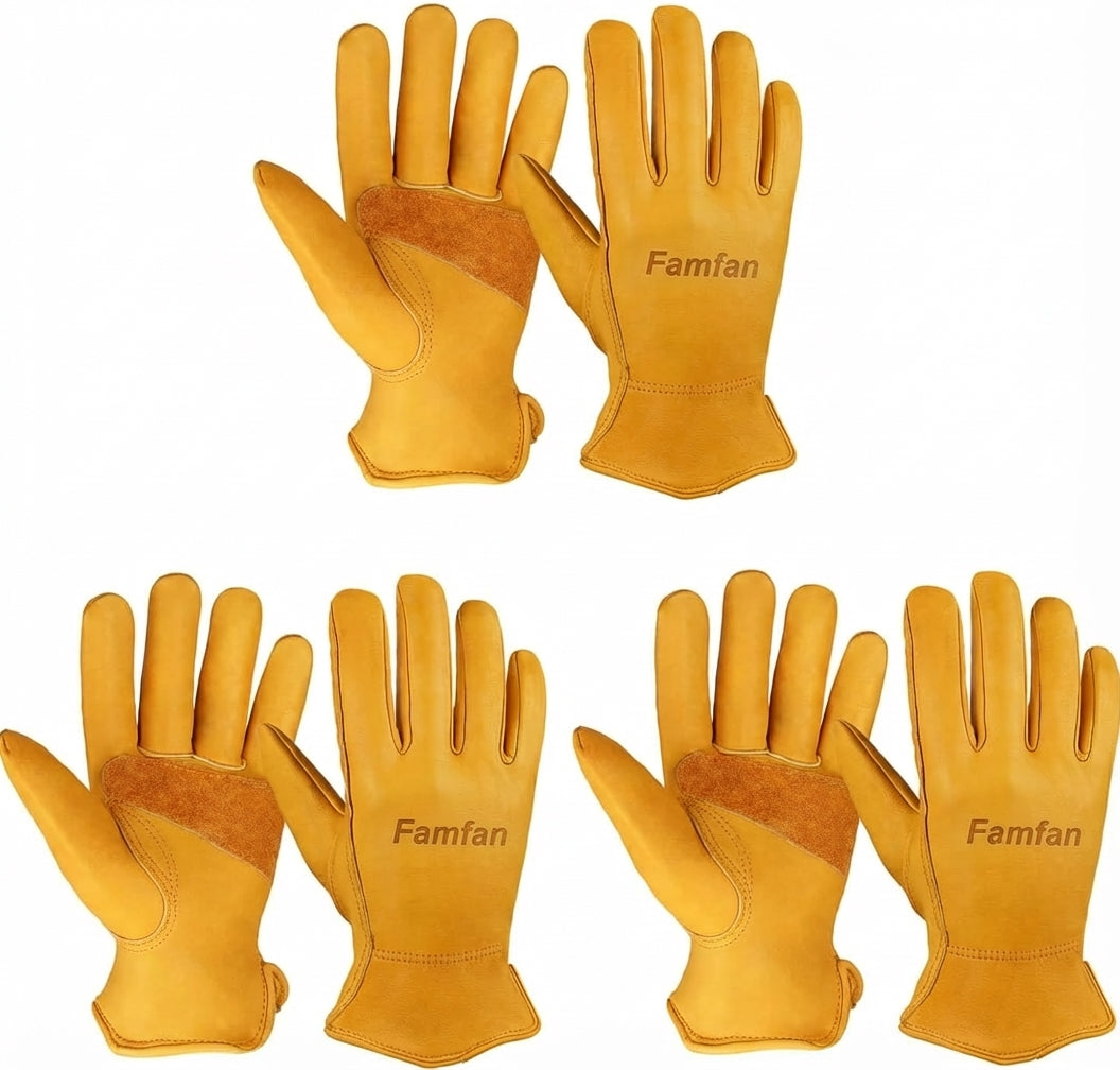 Leather Work Gloves for Men: 3 Pairs Cowhide Working Gloves Abrasion Resistant Driver Glove