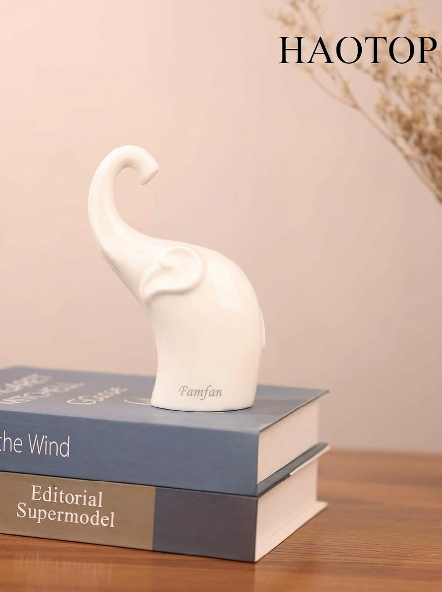 Works of Art Made of Porelain- Elegant Elephant Statue, Funny Home Decor, Animal Table Ornament for Bedroom, Living Room, Office Desktop, 4.6'' L X 6.8'' H,White