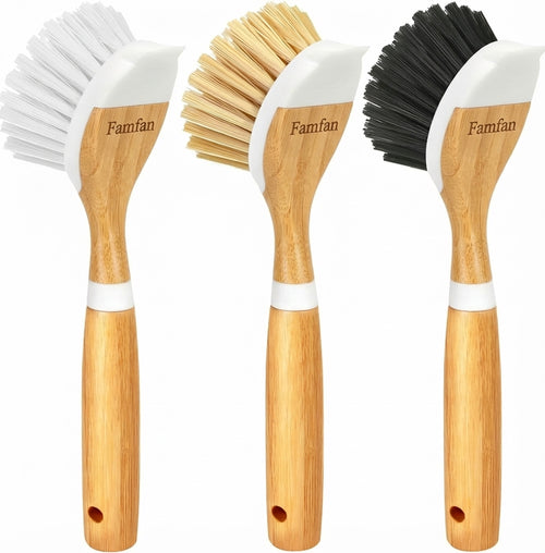 3 Pack Dish Brush Set with Bamboo Handle, Kitchen Brushes for Cleaning Pot, Sink and Stove, Skillet Scrubber with Tough Bristles for Cast Iron Grill Pan, Yellow White Black